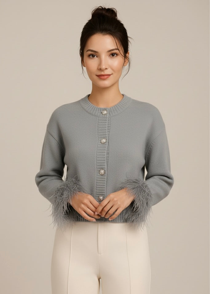 Katarina | Women's Feather Trim Button Cardigan - Black - Image 2