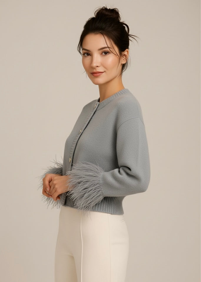 Katarina | Women's Feather Trim Button Cardigan - Black - Image 4