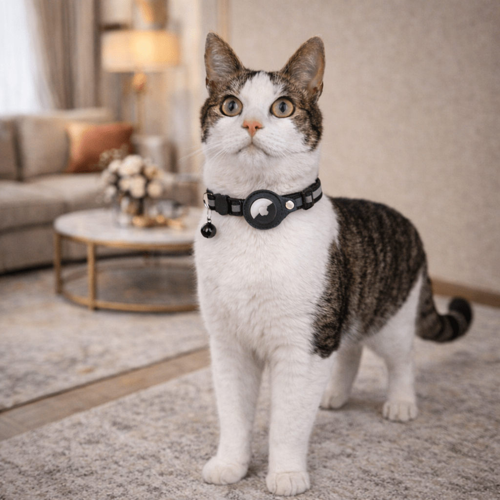 Adjustable nylon cat collar, highly reflective for night visibility, includes GPS device pouch.