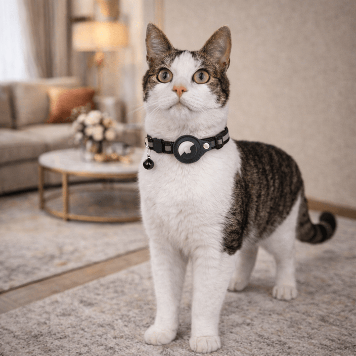 Adjustable nylon cat collar, highly reflective for night visibility, includes GPS device pouch.