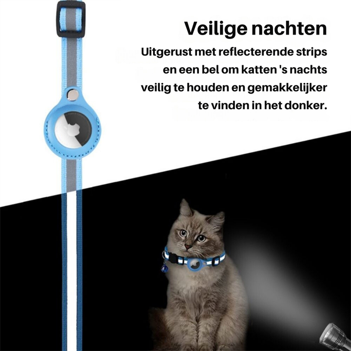 Vibrant blue cat safety collar with reflective strip, quick release buckle, and GPS tracker pouch.