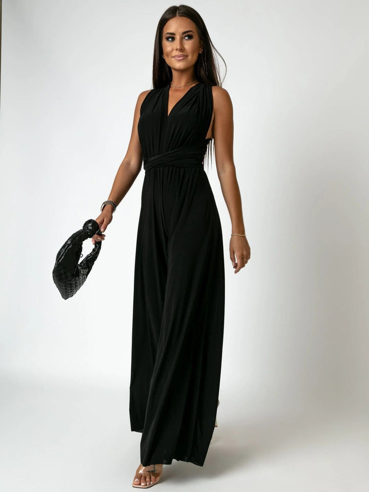 Elegant women's deep V-neck wide leg jumpsuit, perfect for formal wear, evening outfits, and special occasions.