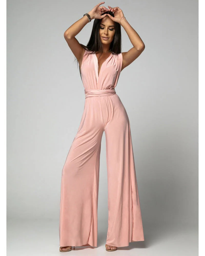 Chic women's sleeveless deep V-neck wide leg jumpsuit, ideal for party wear and elegant evening fashion.
