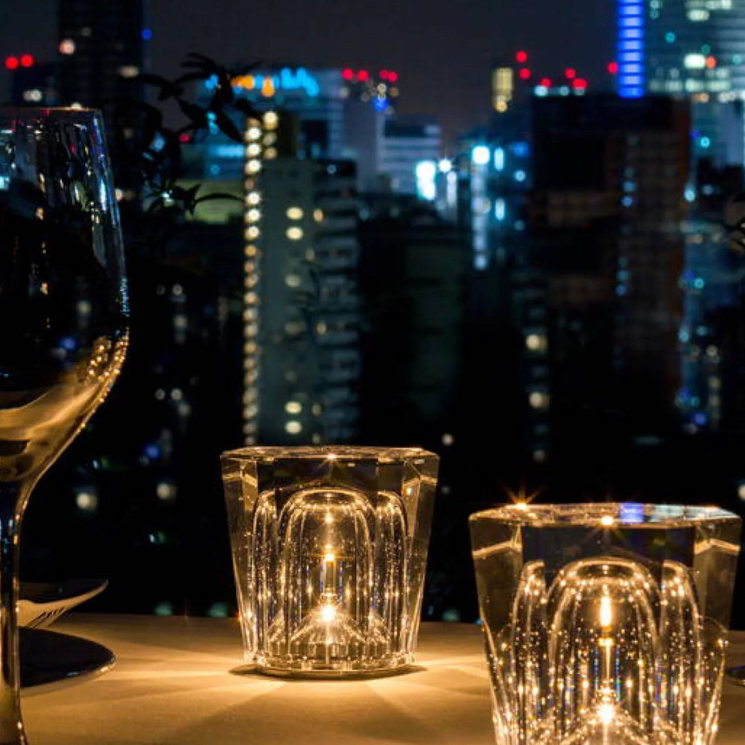 Cordless crystal lamp, elegant diamond design, perfect ambient LED lighting for any room.