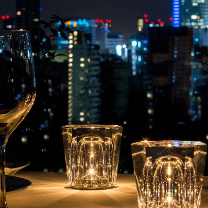 Cordless crystal lamp, elegant diamond design, perfect ambient LED lighting for any room.