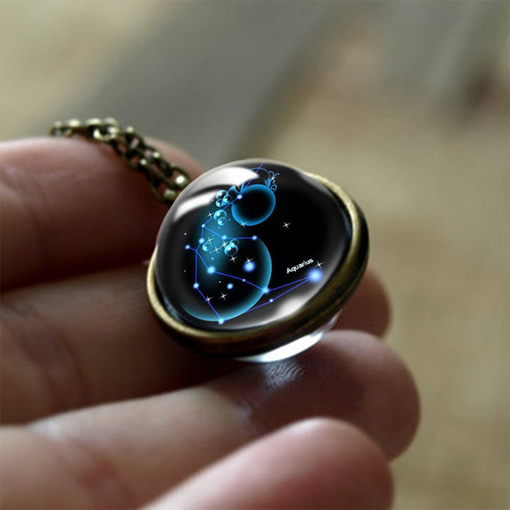 Women's 12 Zodiac Sign Glass Pendant Necklace, spiritual astrology protection jewelry for her.