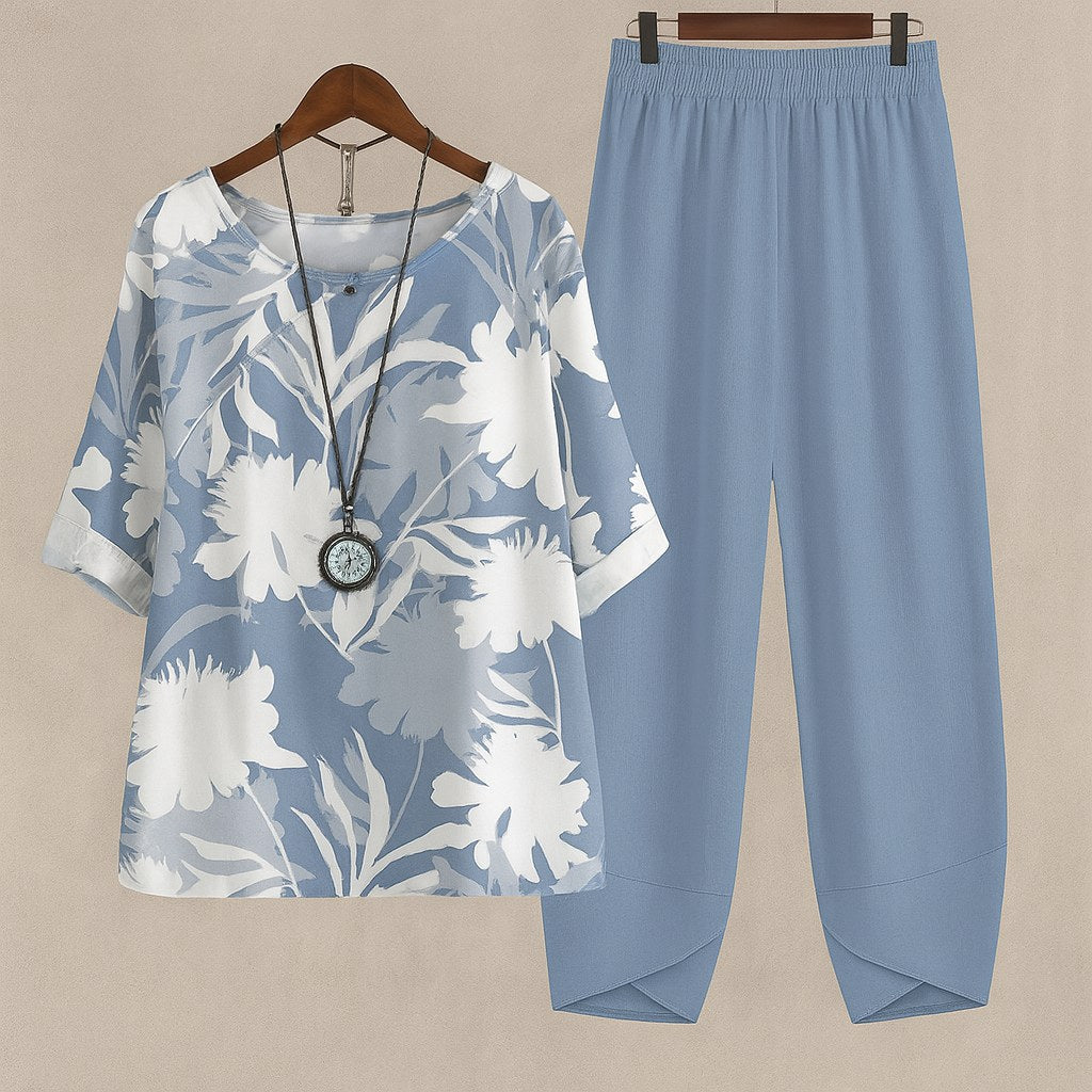 Stylish women's floral top, part of a comfy two-piece lounge set, ideal for relaxed casual wear.