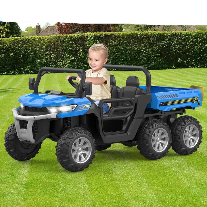 Rugged 24V electric two-seater ride-on truck for kids. Remote controlled outdoor adventure play vehicle.