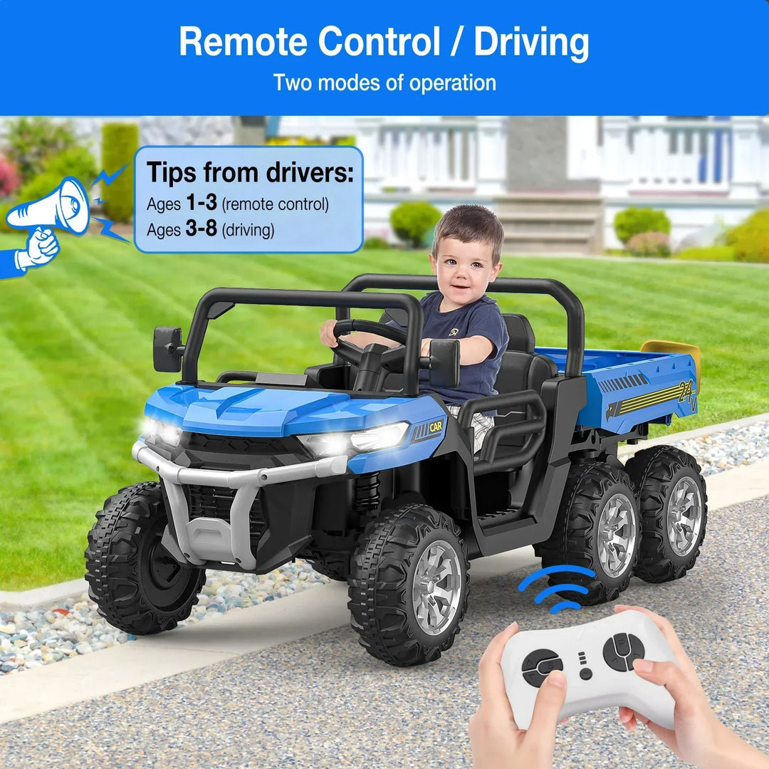 Kids driving a 24V two-seater electric ride-on truck with remote control. Fun outdoor toy for junior drivers.