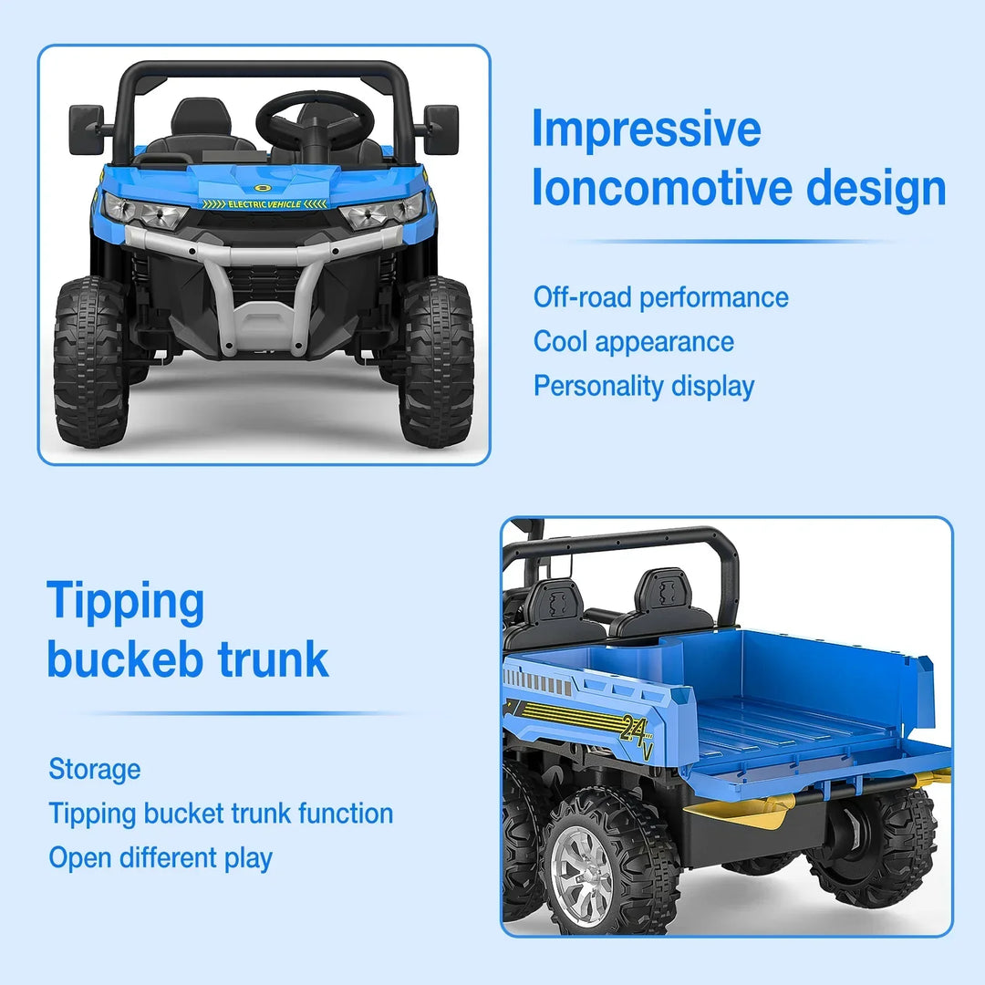 Parental remote control 24V two-seater kids' ride-on truck. Safe electric outdoor vehicle for young adventurers.