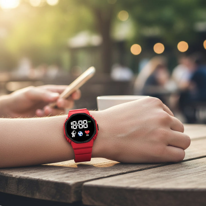 Kids' blue adventure sports watch with LED display and waterproof design.