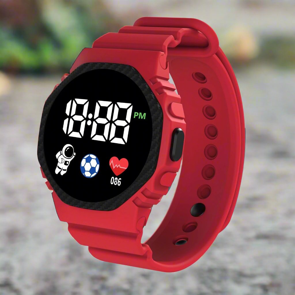 Close-up of a child's durable sports watch, perfect for active play.