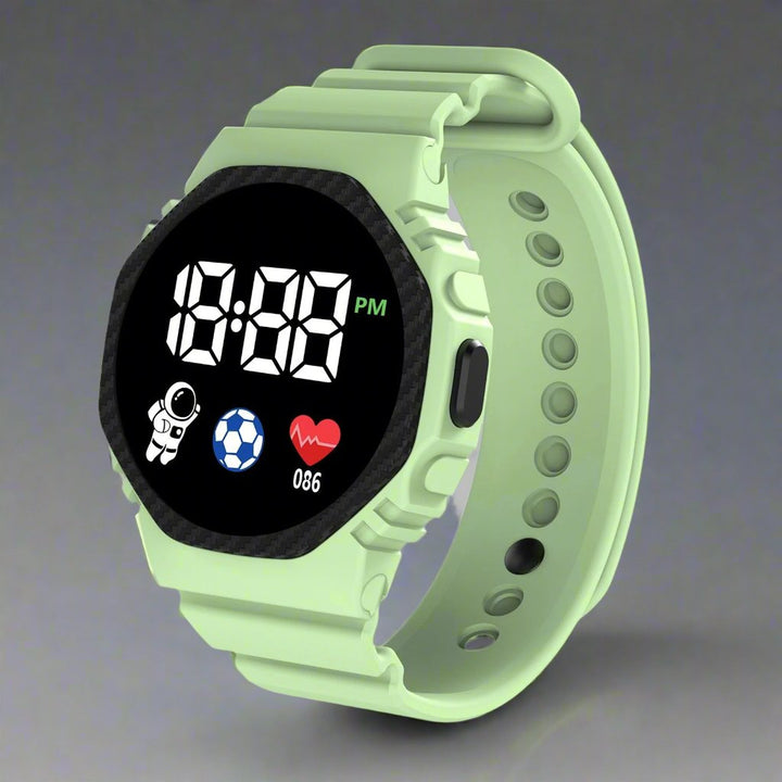 Side view of a pink waterproof kids' watch with multiple function buttons.