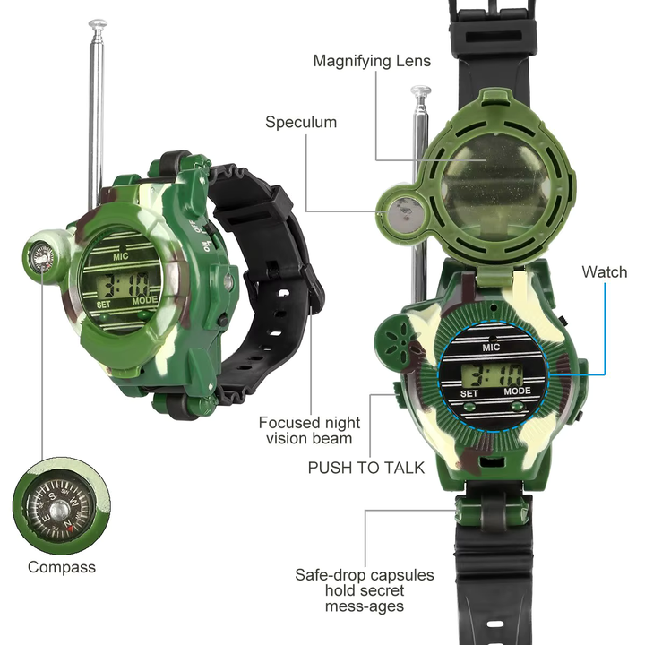 Detailed view of a camouflage 7-in-1 kids' watch: walkie-talkie, compass, flashlight, magnifier. Adventure toy.