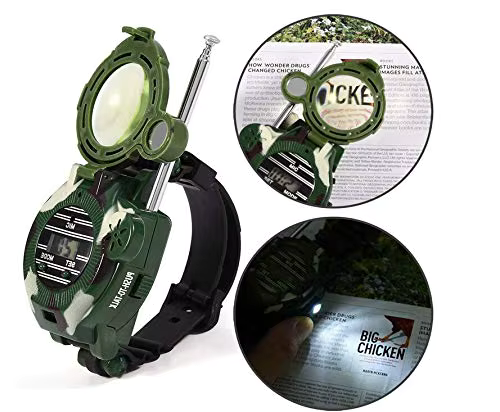 Kids playing outdoors, communicating with camouflage walkie-talkie adventure watches. Encourages active exploration.