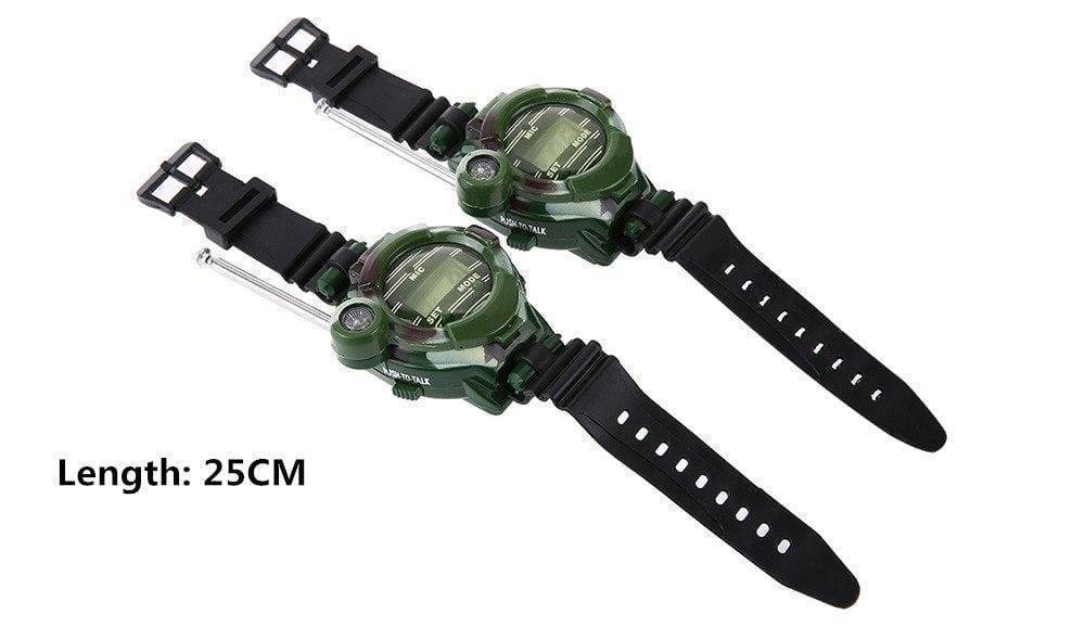 Close-up of a rugged camouflage kids' watch featuring a working walkie-talkie & built-in survival tools.