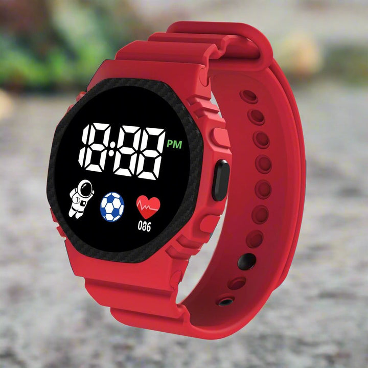 Kids' digital sports watch, waterproof and durable for outdoor adventures.