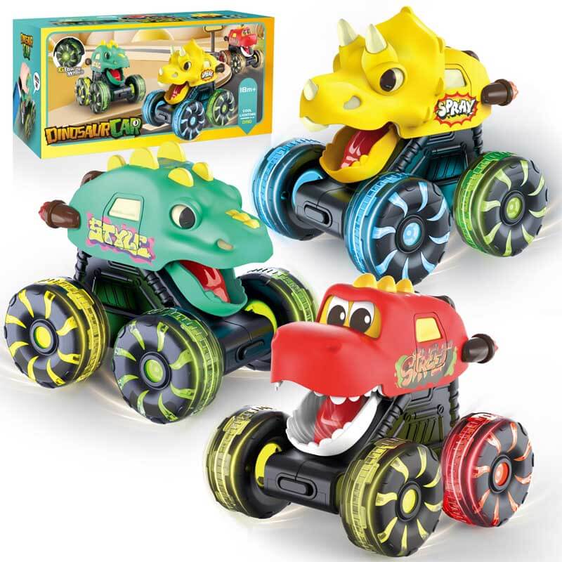 Vibrant dinosaur monster truck toy for kids with glowing LED wheels, perfect for imaginative play.