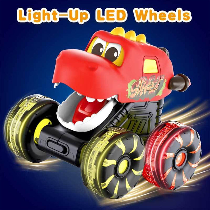 Green prehistoric dino truck toy with large wheels and bright LEDs, a fun gift for boys and girls.