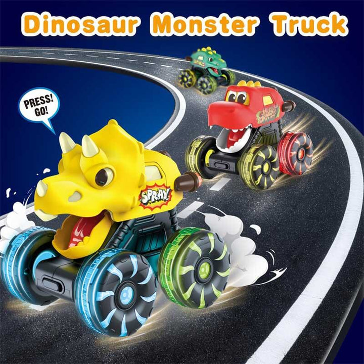 Durable kids' dinosaur monster truck with sturdy design and flashing LED wheels for active play.