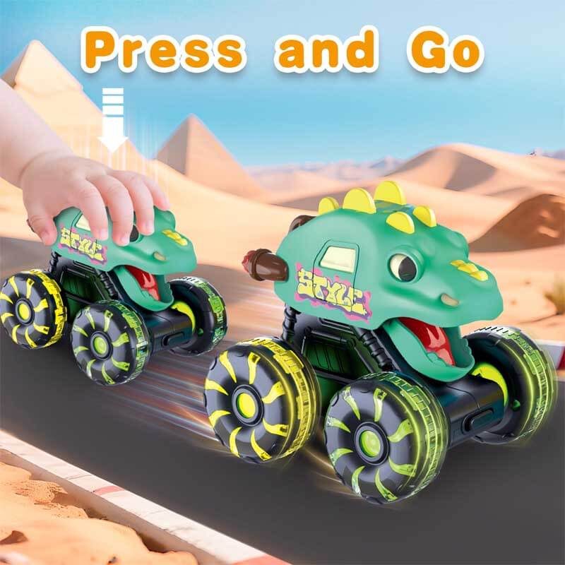 Awesome dinosaur monster truck with glowing LED wheels, an ideal present for kids who love prehistoric toys.