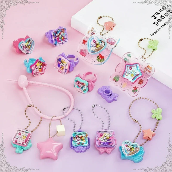 Colorful art supplies for children's activity: a 3D sticker and jewelry making educational toy.