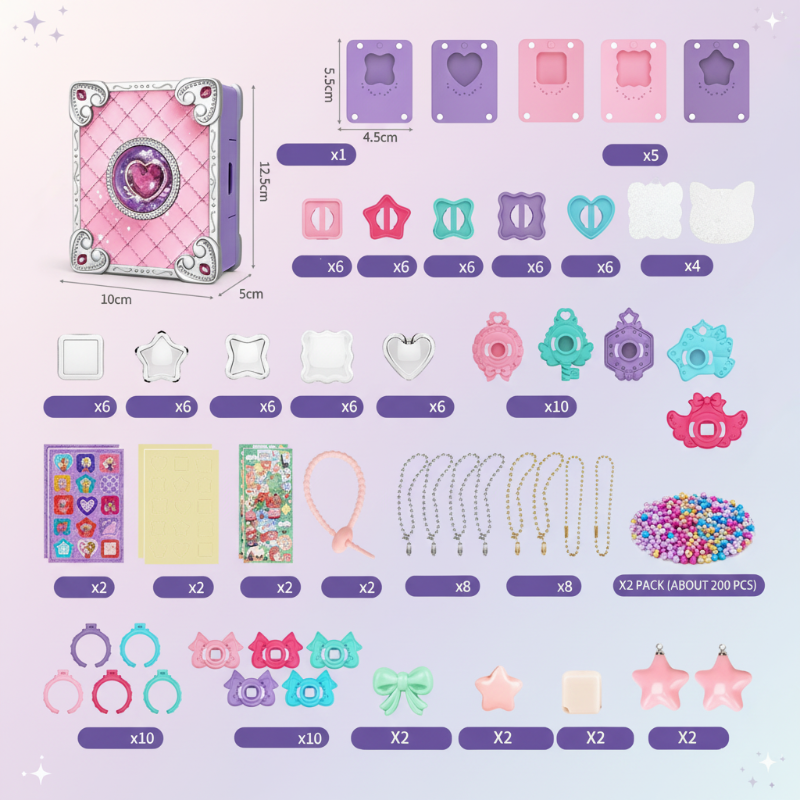 Vibrant examples of finished 3D stickers & handmade jewelry from a kids' DIY craft kit.