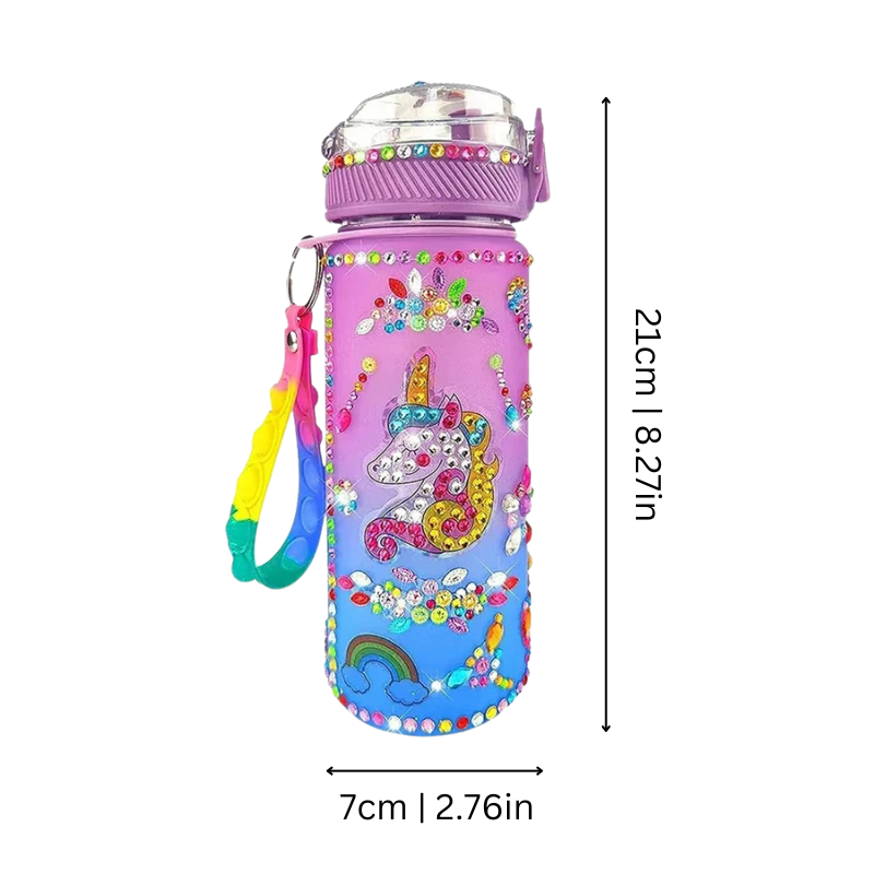 Finished glow-in-the-dark water bottle created with a kids' DIY craft kit. Unique hydration for creative art projects.