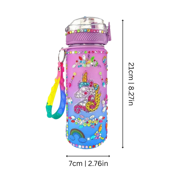 Finished glow-in-the-dark water bottle created with a kids' DIY craft kit. Unique hydration for creative art projects.