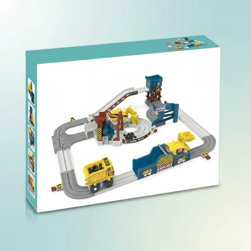 Kids' electric construction race track set with vehicles & modular track pieces.