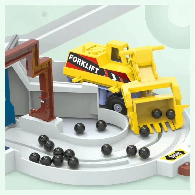 Toddler building toy: kids electric race track with construction vehicles & customizable track.