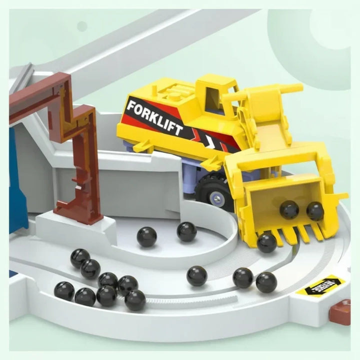 Toddler building toy: kids electric race track with construction vehicles & customizable track.