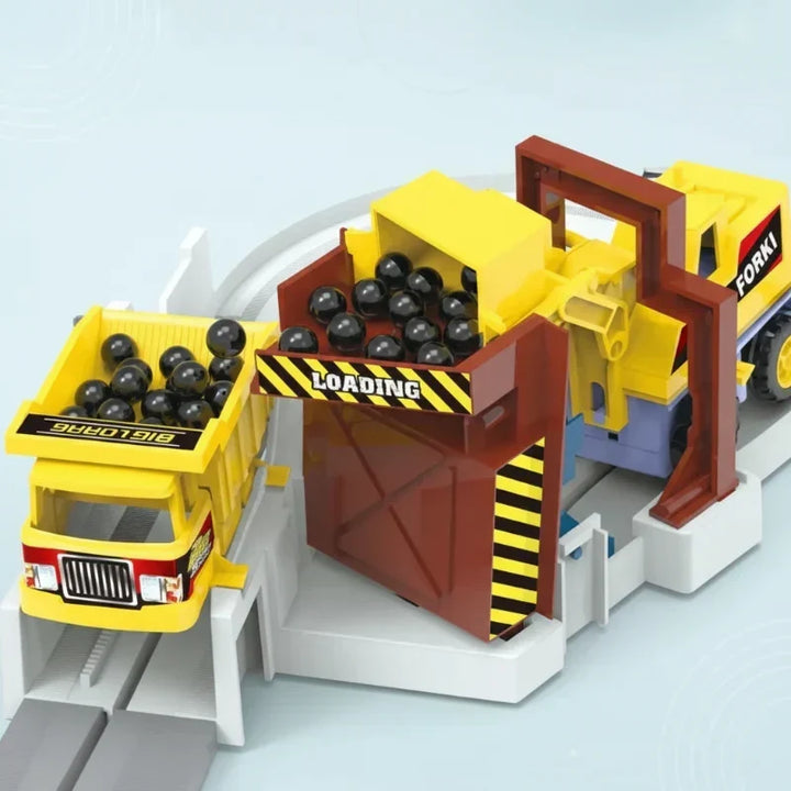 Educational activity set: kids' electric race track with construction trucks speeding on a modular circuit.