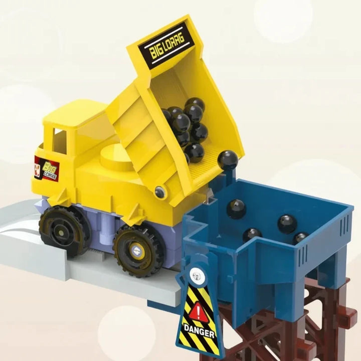 Kids' electric play set: construction race track with various vehicles, barriers, and track configurations.