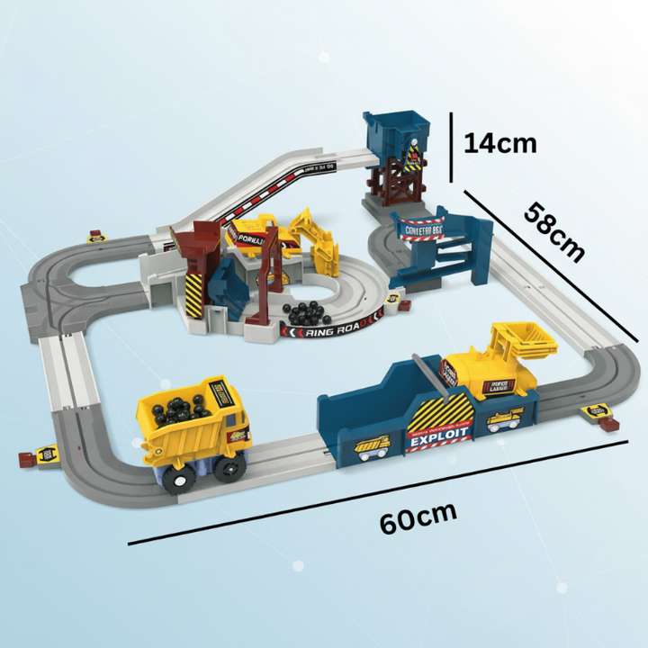 Vibrant kids' electric construction race track play set, perfect for creative building & racing fun.