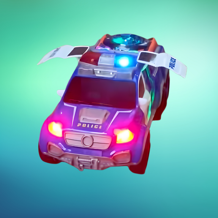 Kids' battery-operated police car toy with flashing lights & siren sounds for imaginative role play.