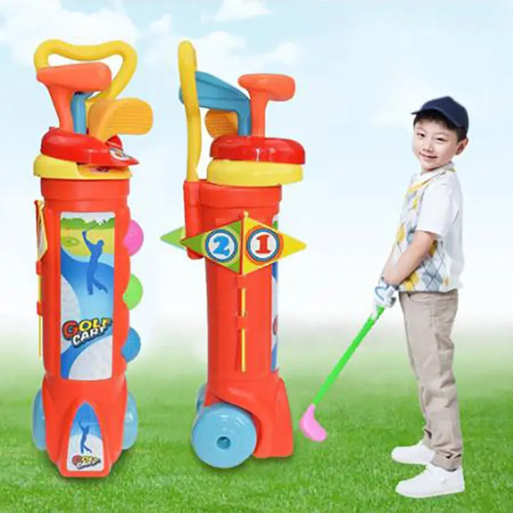 Full view of the kids golf practice set, including putter, balls, and tee.