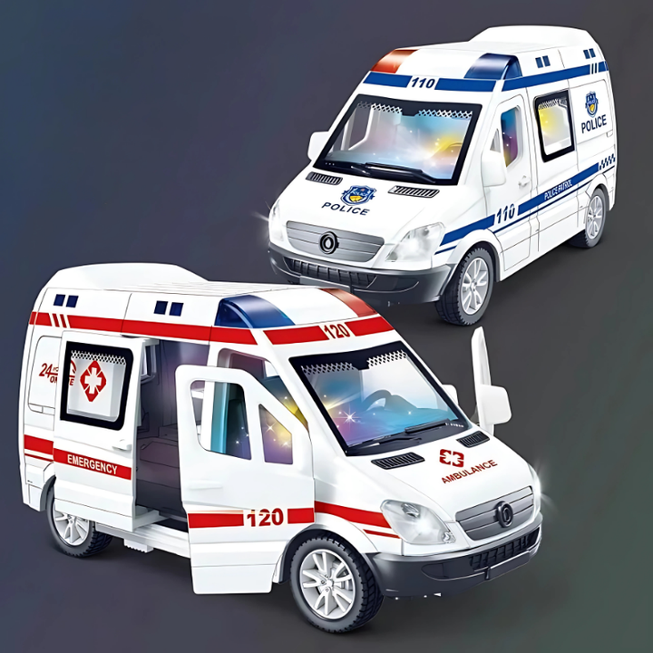 Durable rescue vehicle toy for kids, fostering imaginative role play with interactive sound effects & LED lights.