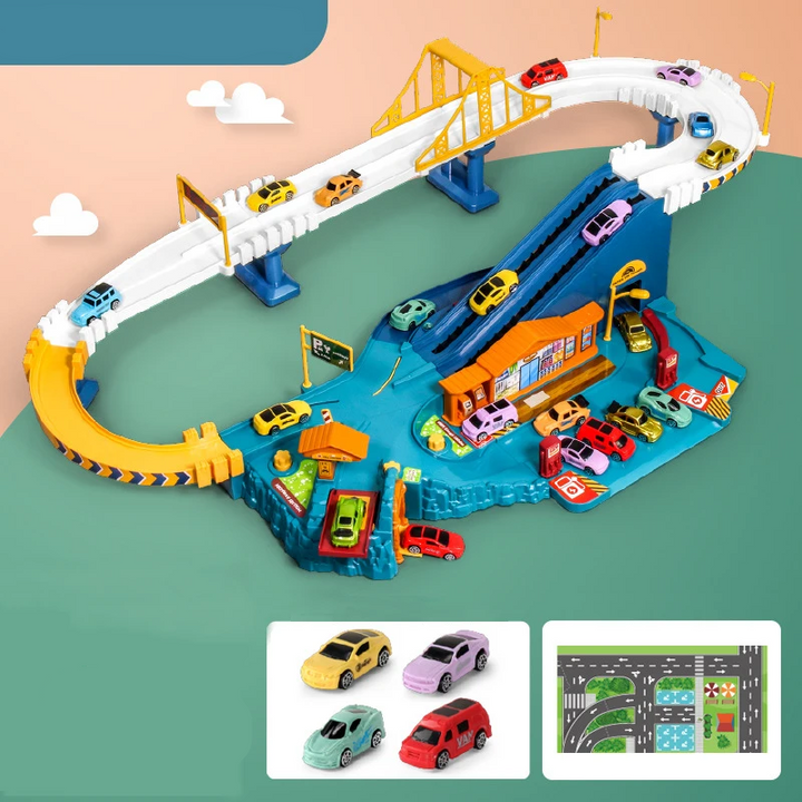 Dinosaur-themed interactive car play track set for kids, featuring railway, bridge, and mini cars.