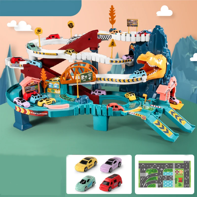 Brightly colored kids' car racetrack toy with levers and buttons for interactive problem-solving fun.