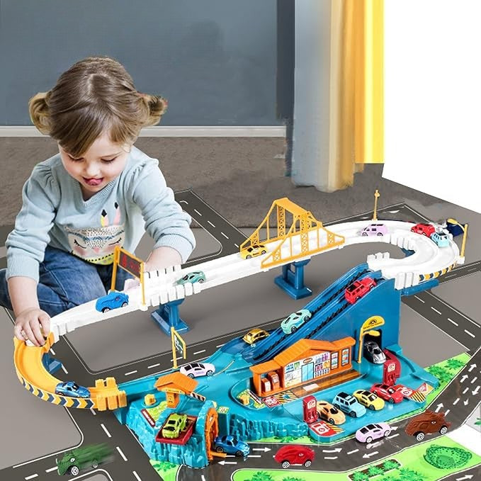 Children playing with an interactive car track set, pushing buttons to guide cars through obstacles.