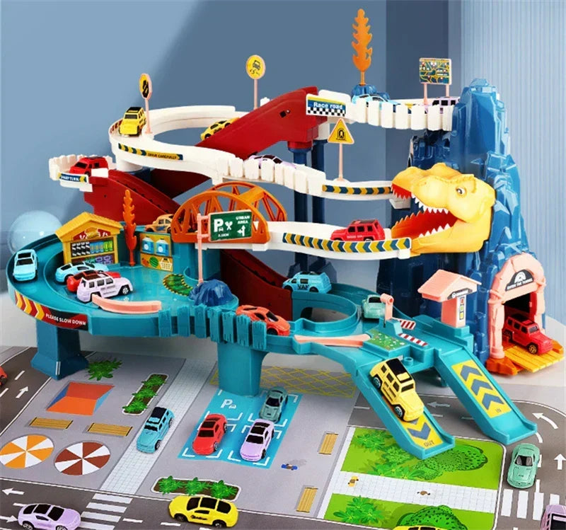 Multi-level interactive car track set with parking garage, railway, and bridges for endless kids' fun.