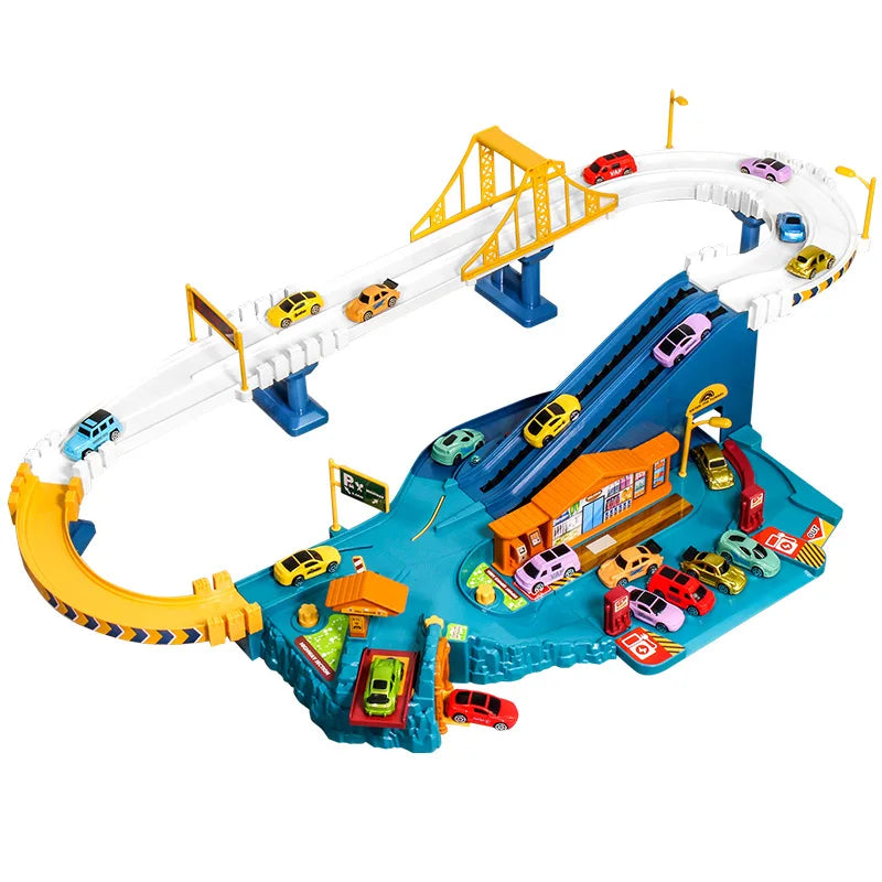 Top-down view of a complex interactive car play track set, showing cars navigating turns and ramps.