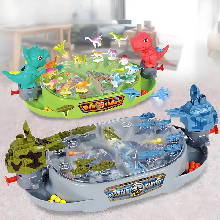 Two children playing the interactive dinosaur battle game, T-Rex vs Triceratops, a fun developmental toy.