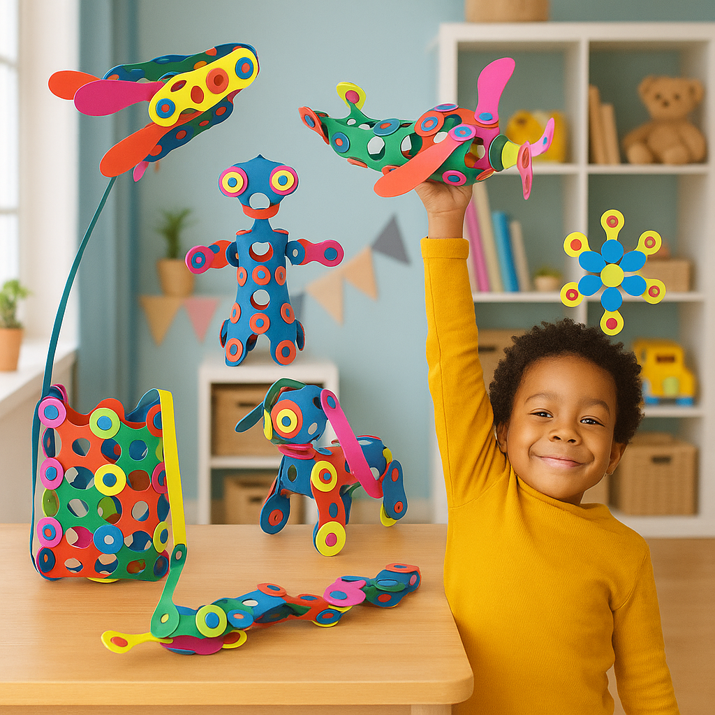 Kids constructing a vibrant tower with magnetic STEM blocks, boosting creativity & learning.