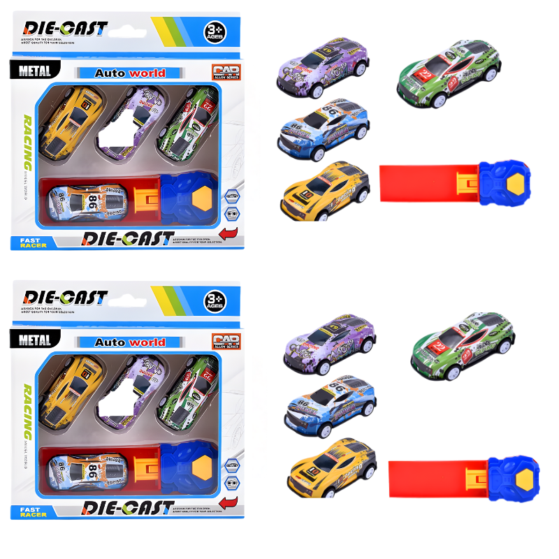 Children's car launcher play set developing hand-eye coordination & fine motor skills for exciting racing games.