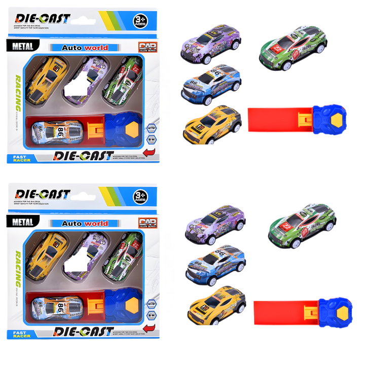 Children's car launcher play set developing hand-eye coordination & fine motor skills for exciting racing games.