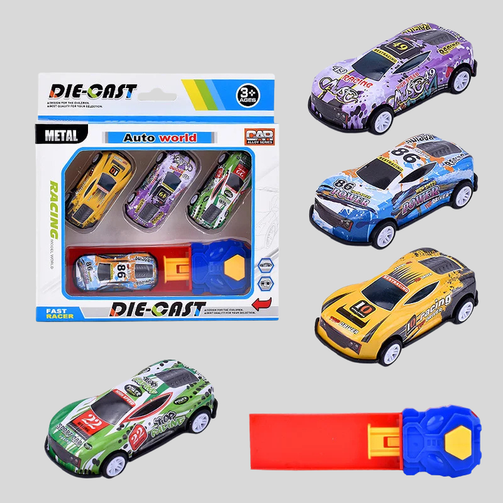 Vibrant mini car launcher playset, a fun kids toy for boys & girls, featuring race tracks & multiple mini cars.