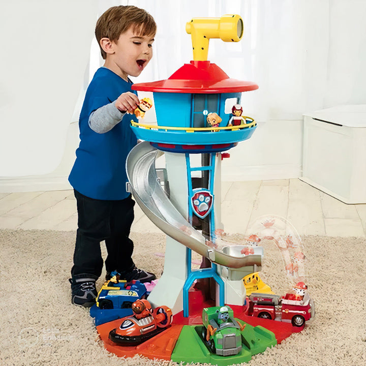 Kids multi-level toy car slide tower activity playset with ramps and parking