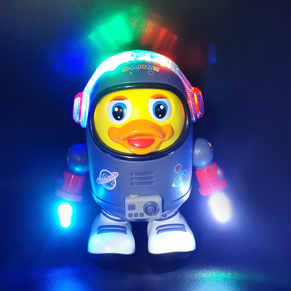Kids' musical dancing astronaut duck toy with lights; interactive toddler space adventure fun for children's gift.